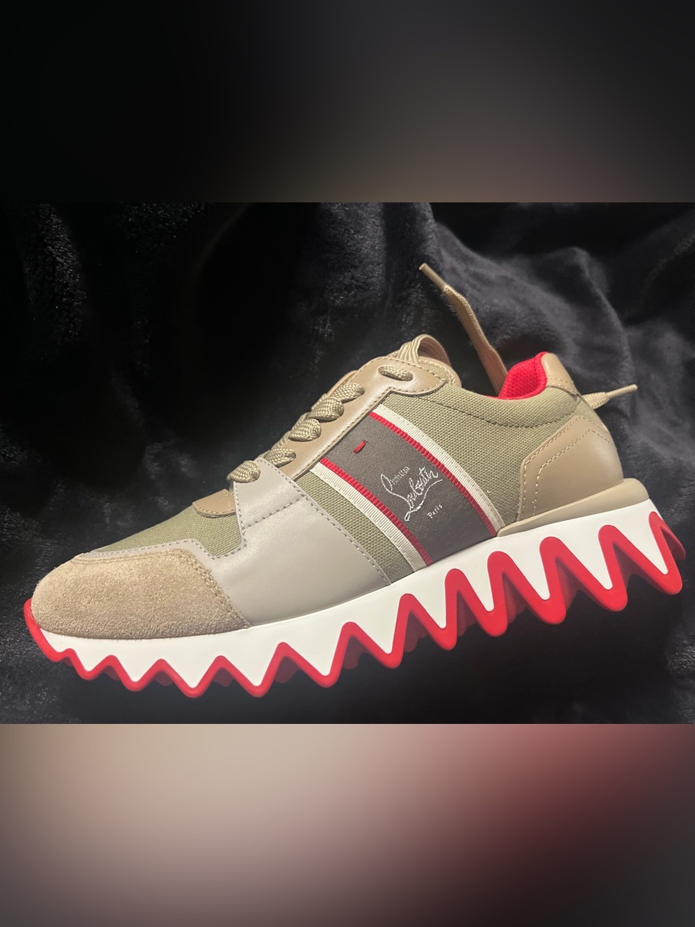 Christian Louboutin Olive, Beige & Red Zigzag Sole Low-Top Sneaker